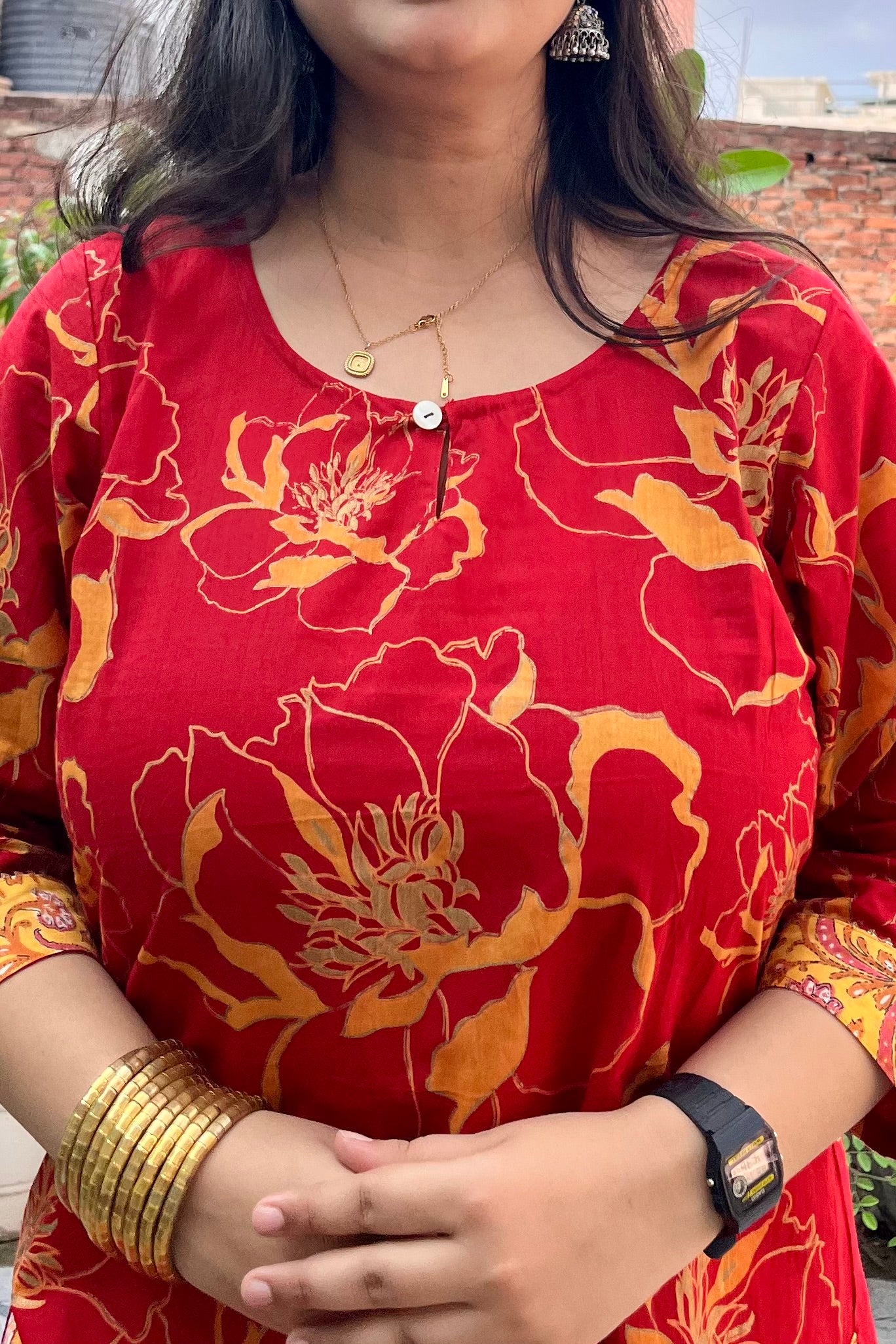 RED FOIL PRINT KURTA WITH BORDER