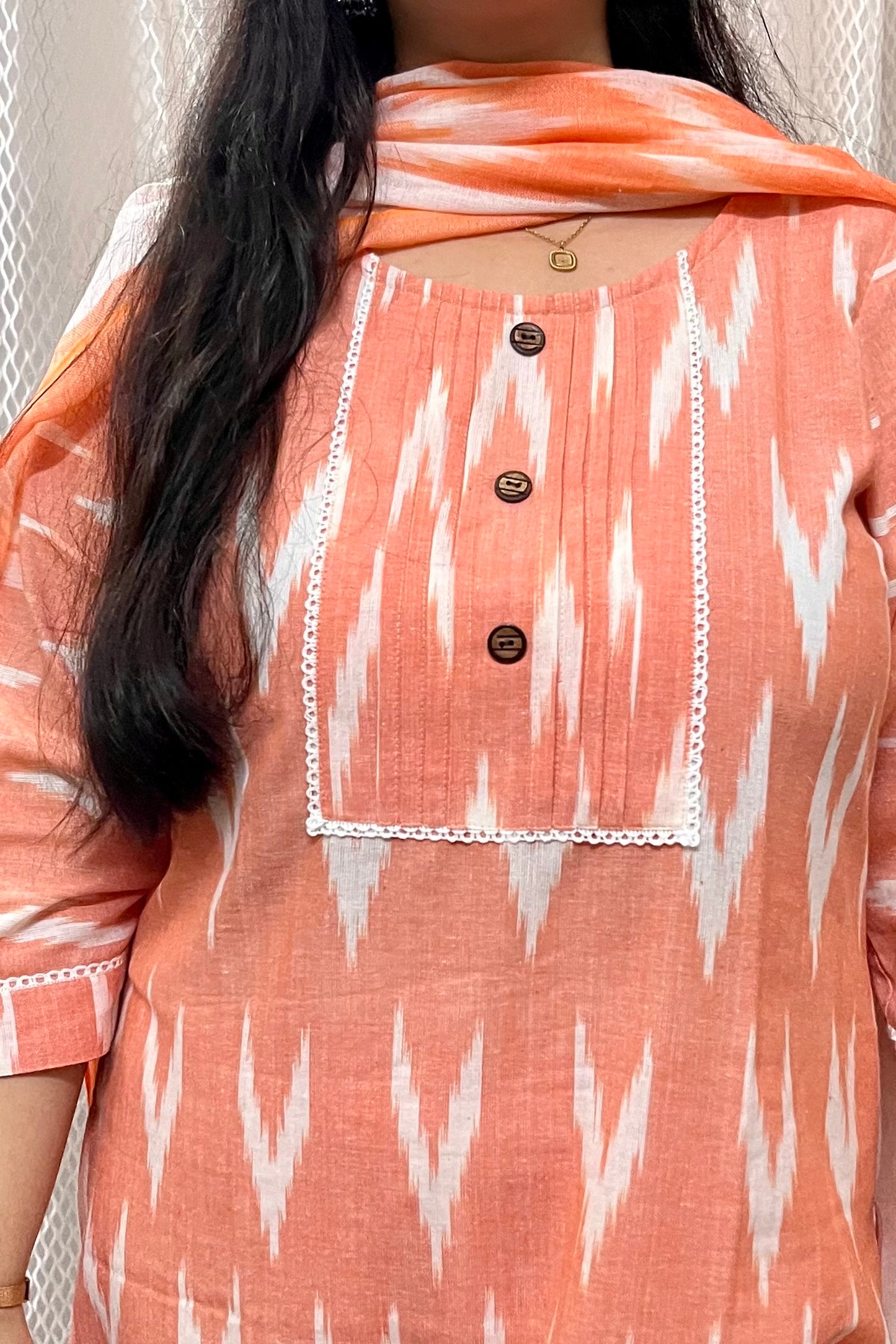 PEACH IKKAT KURTI AND DUPATTA SET