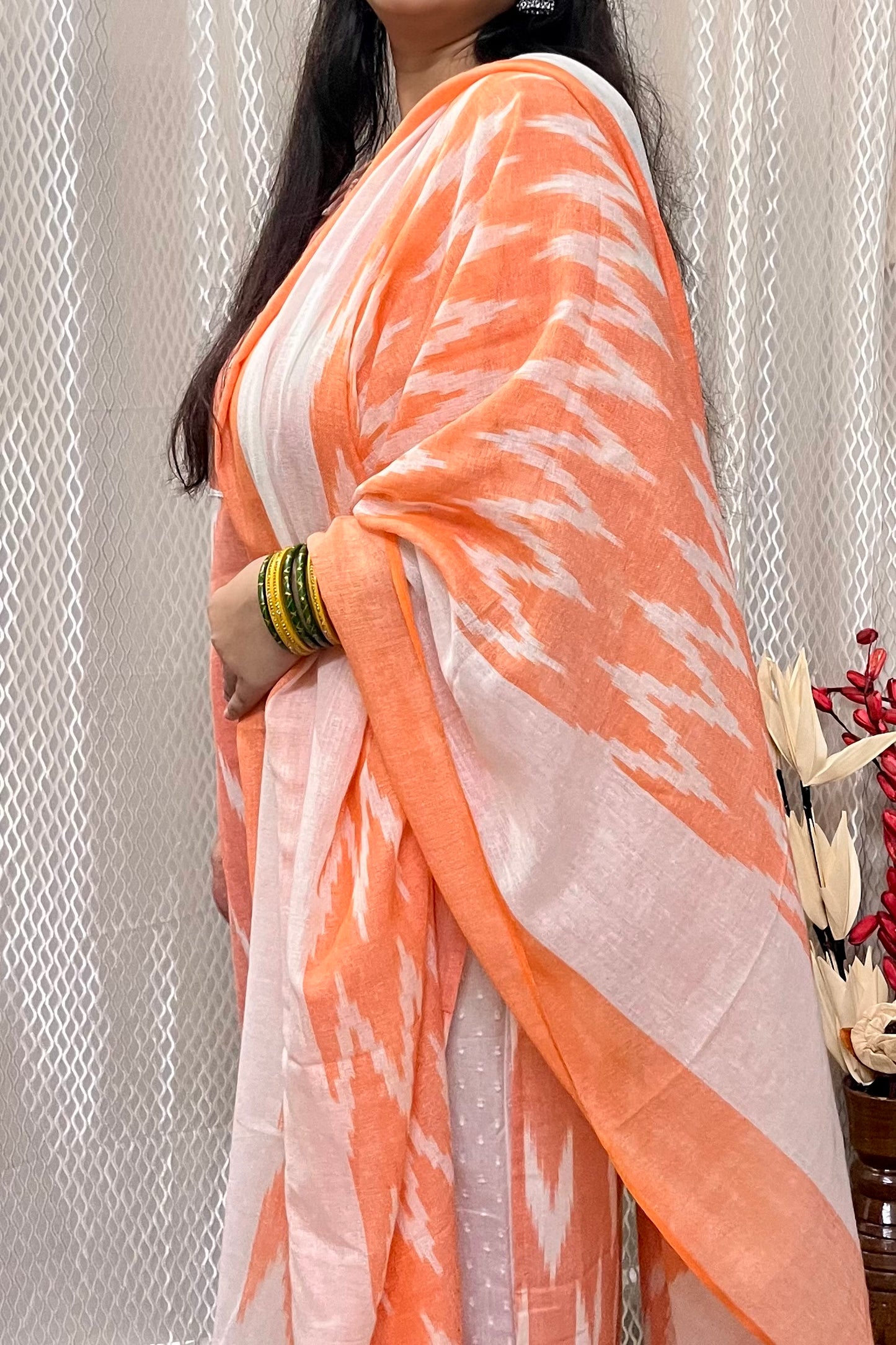 PEACH IKKAT KURTI AND DUPATTA SET