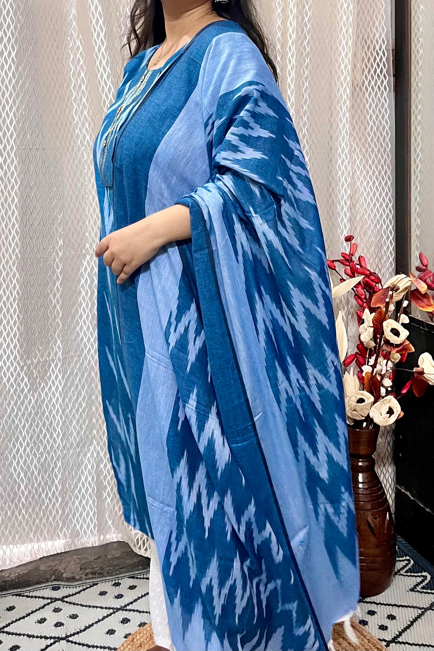 BLUE IKKAT KURTI AND DUPATTA SET
