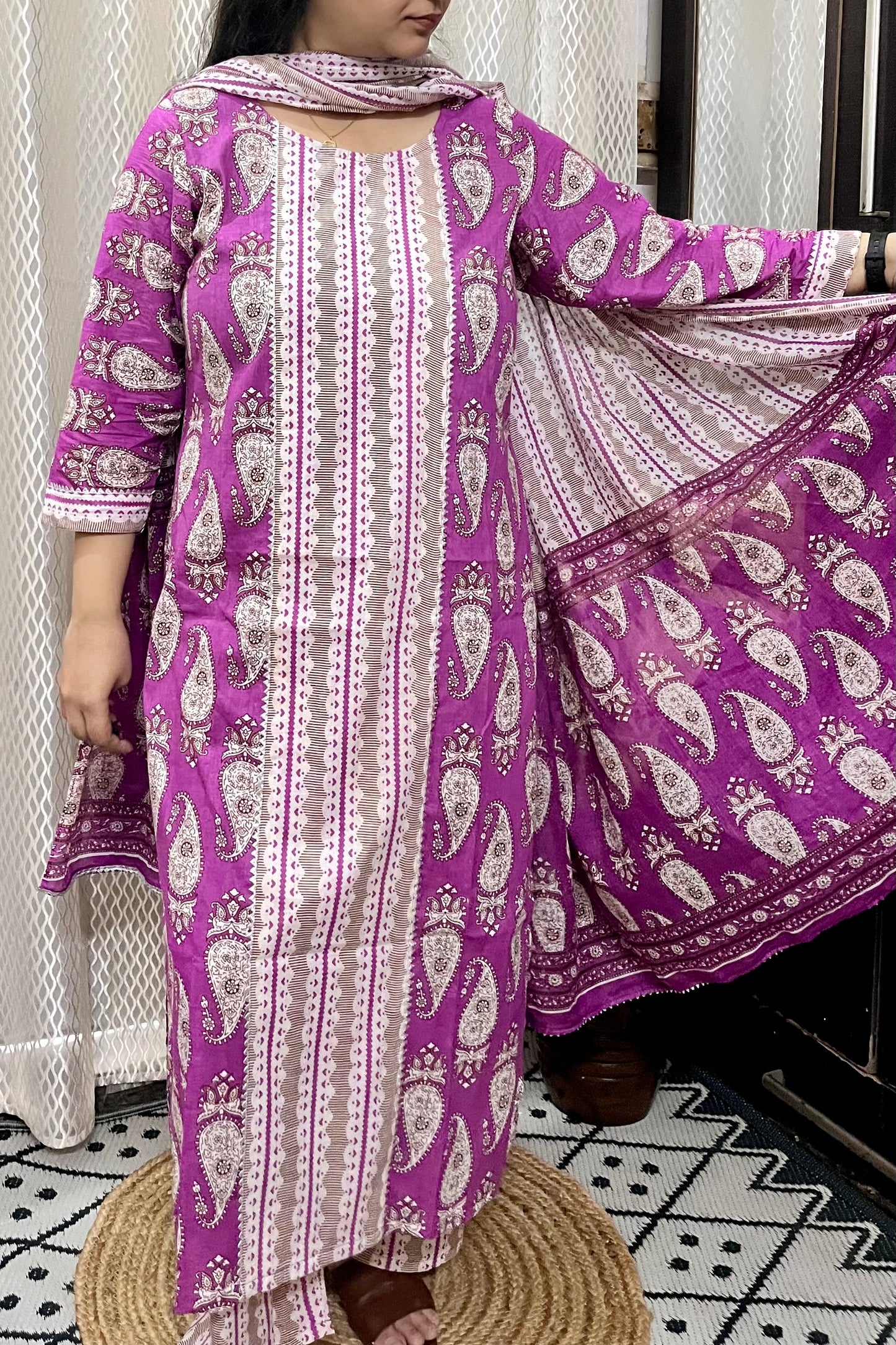 PURPLE SUIT SET WITH MULMUL DUPATTA