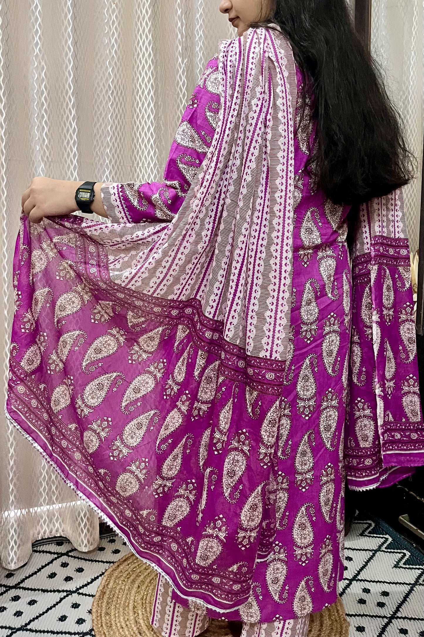 PURPLE SUIT SET WITH MULMUL DUPATTA