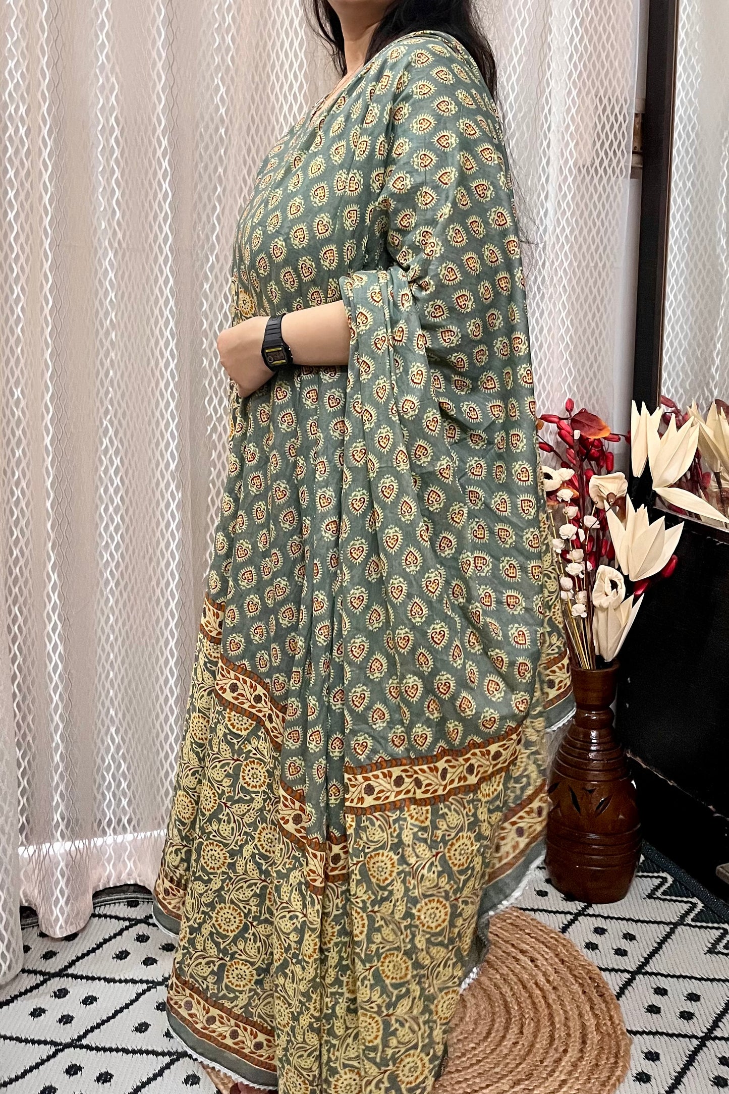 GREEN SUIT SET WITH MULMUL DUPATTA