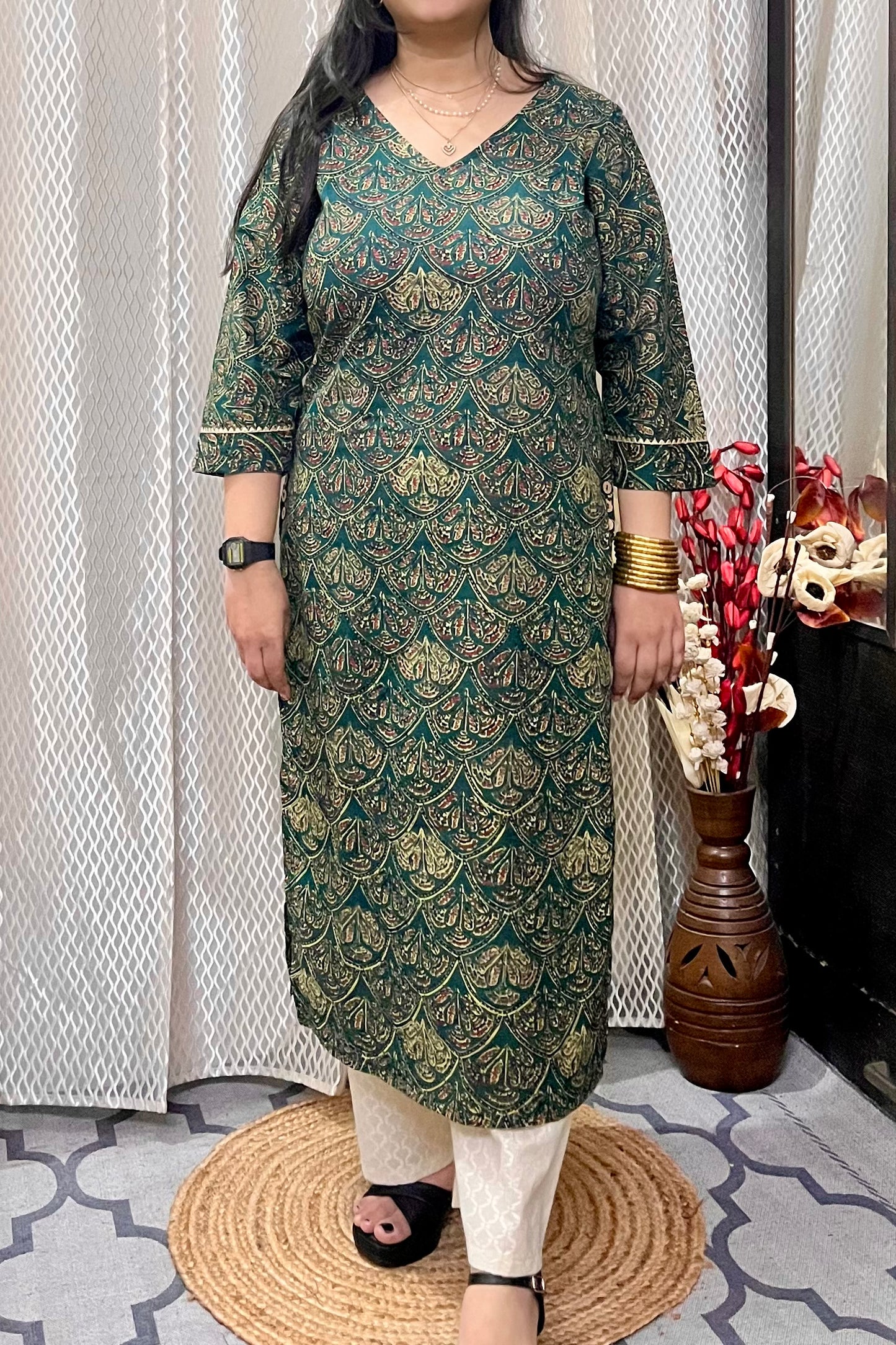 Green Ajrakh Kurta With Slit Buttons