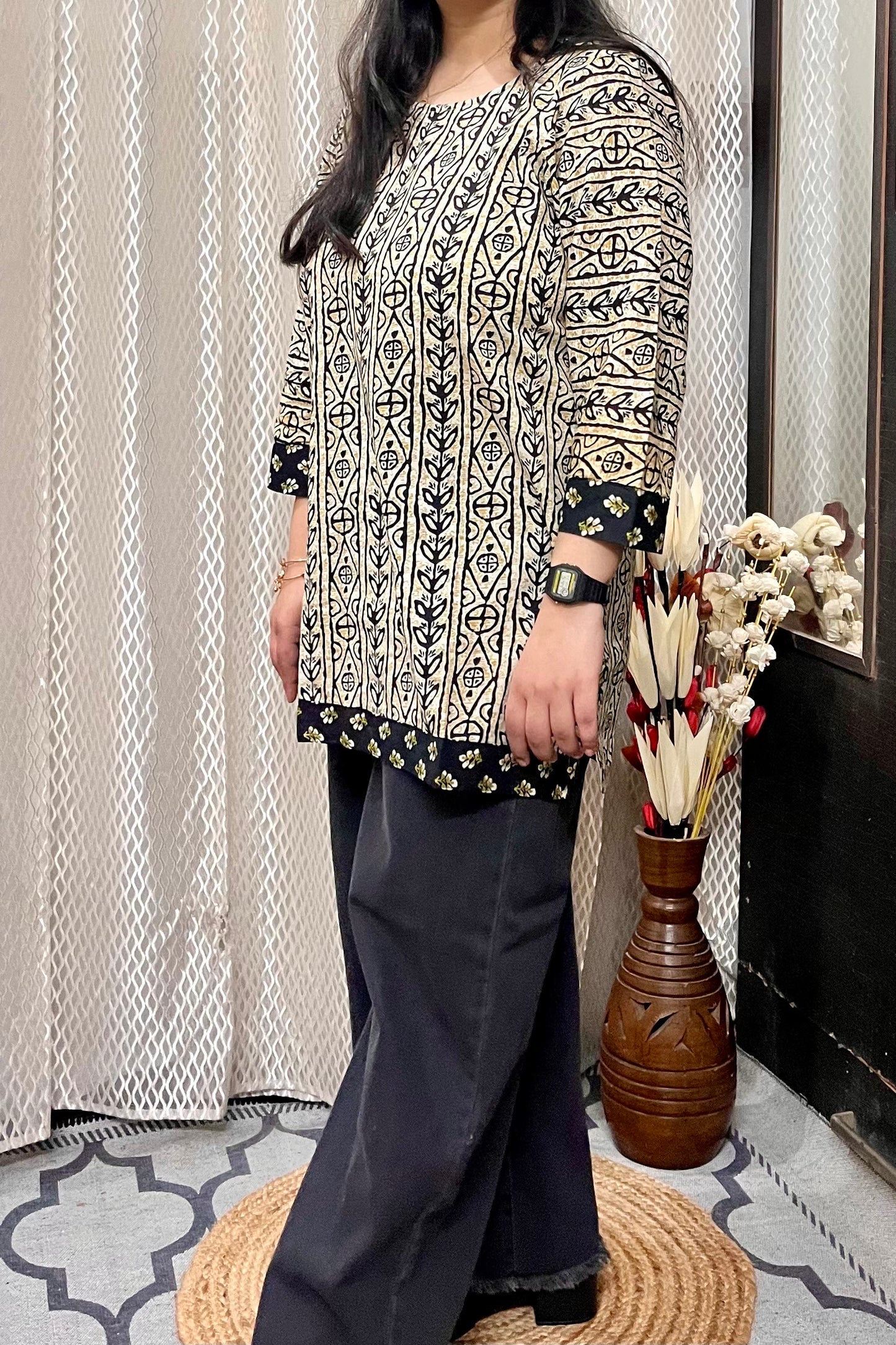 Beige Varli Print Short Kurti