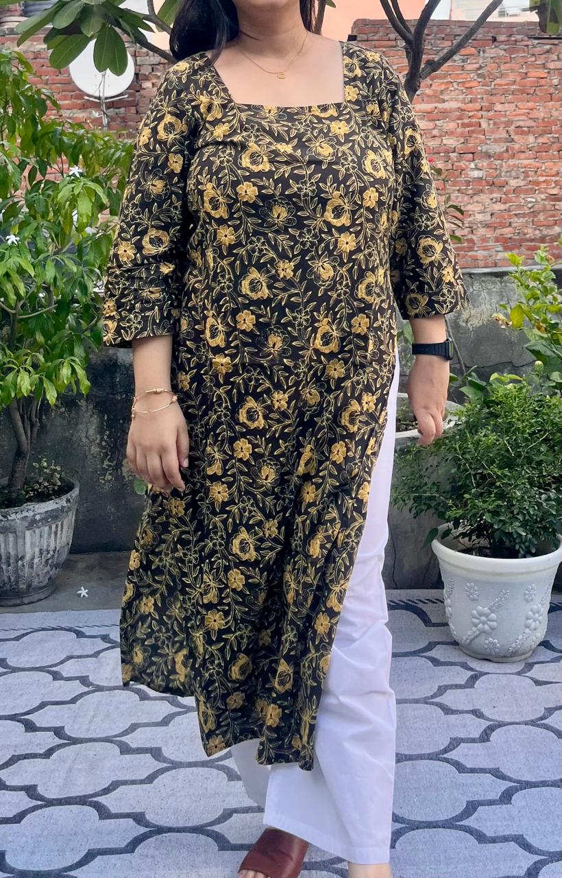 Deep Brown Square Neck Cotton kurta