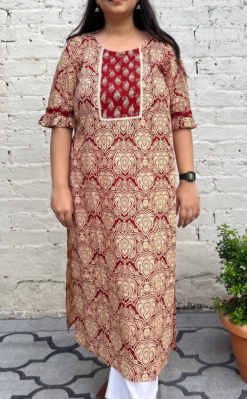MAROON PLEATED SLEEVE KURTA