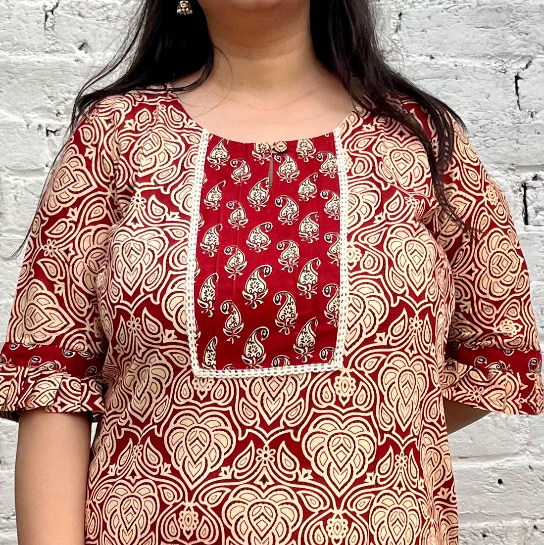 MAROON PLEATED SLEEVE KURTA