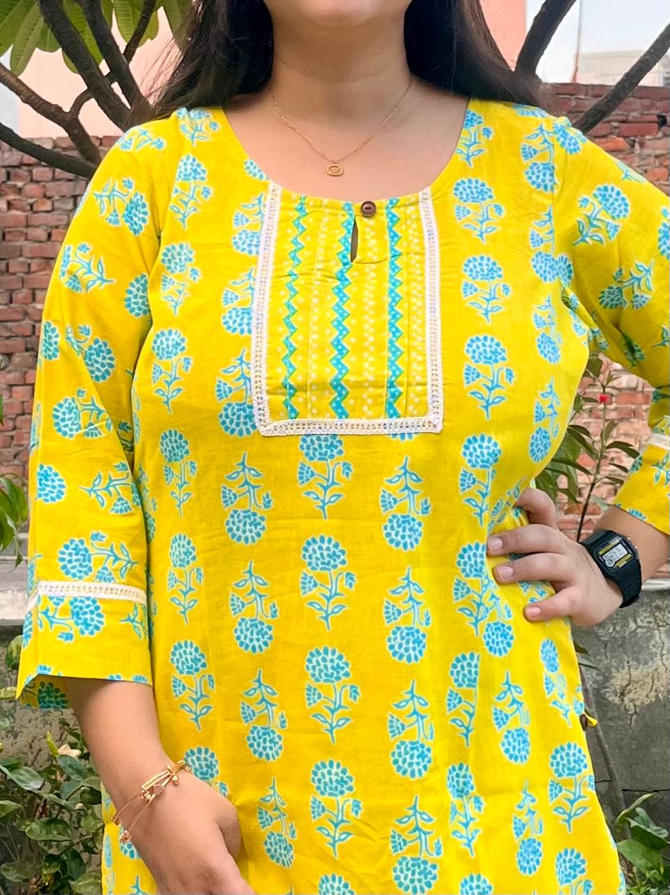 Yellow kurti with Yoke Details