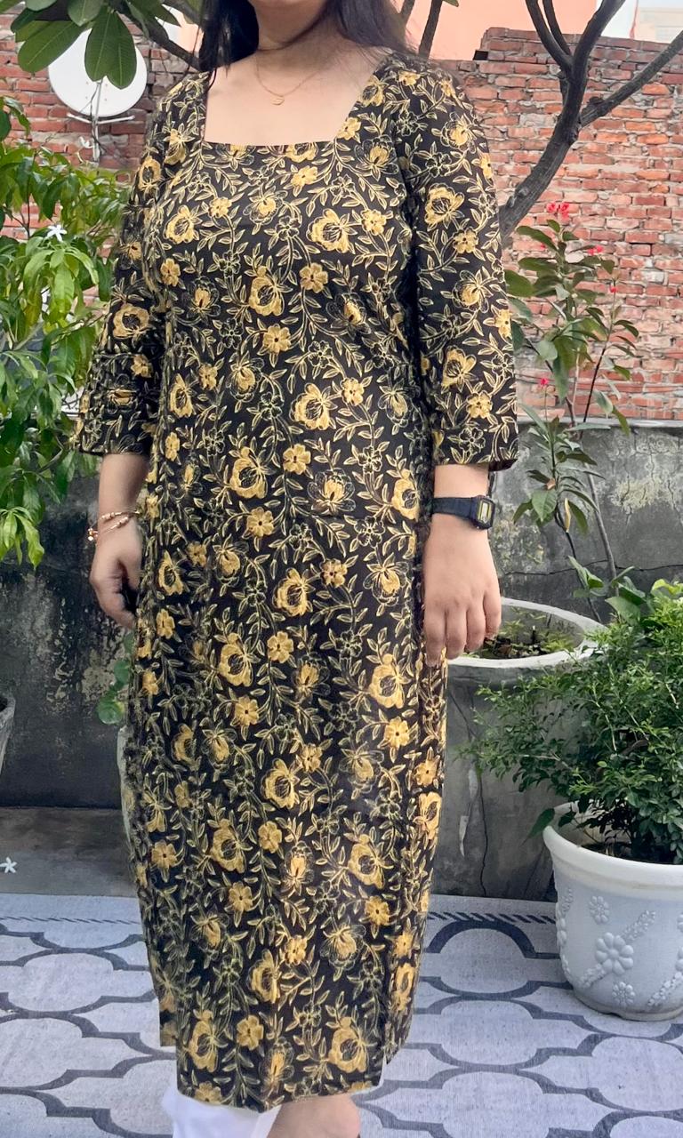 Deep Brown Square Neck Cotton kurta