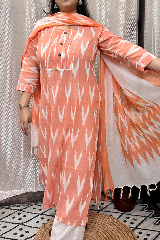 PEACH IKKAT KURTI AND DUPATTA SET