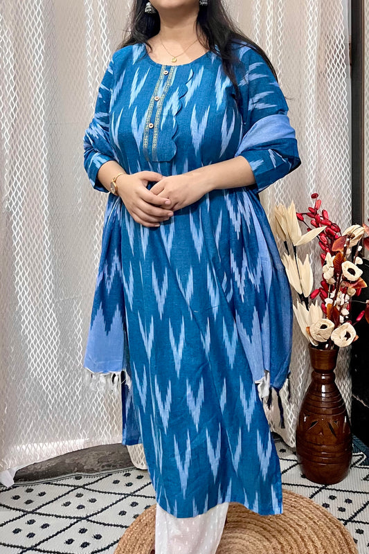 BLUE IKKAT KURTI AND DUPATTA SET