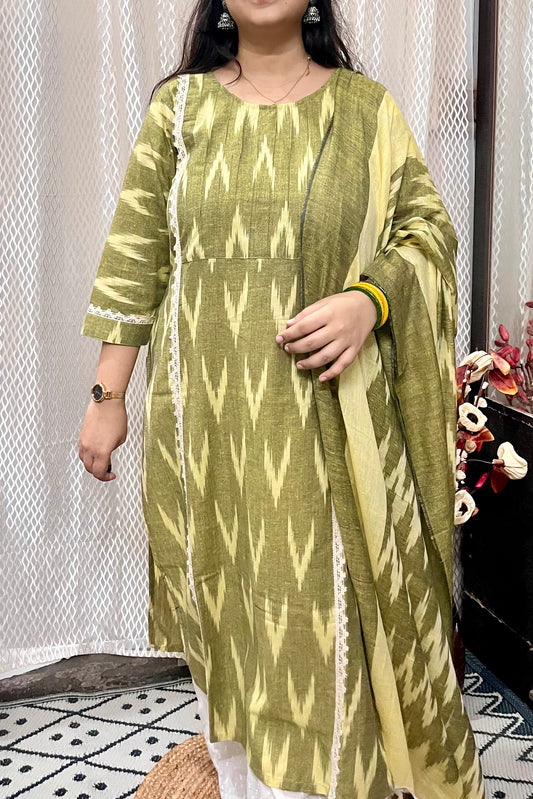 GREEN IKKAT KURTI AND DUPATTA SET