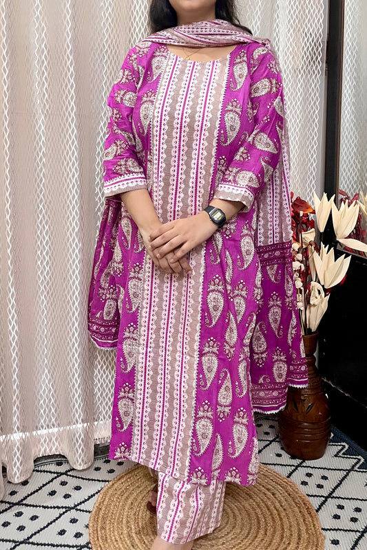 PURPLE SUIT SET WITH MULMUL DUPATTA