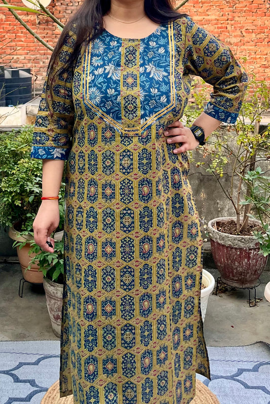 Mustard Yellow Ajrakh Kurti