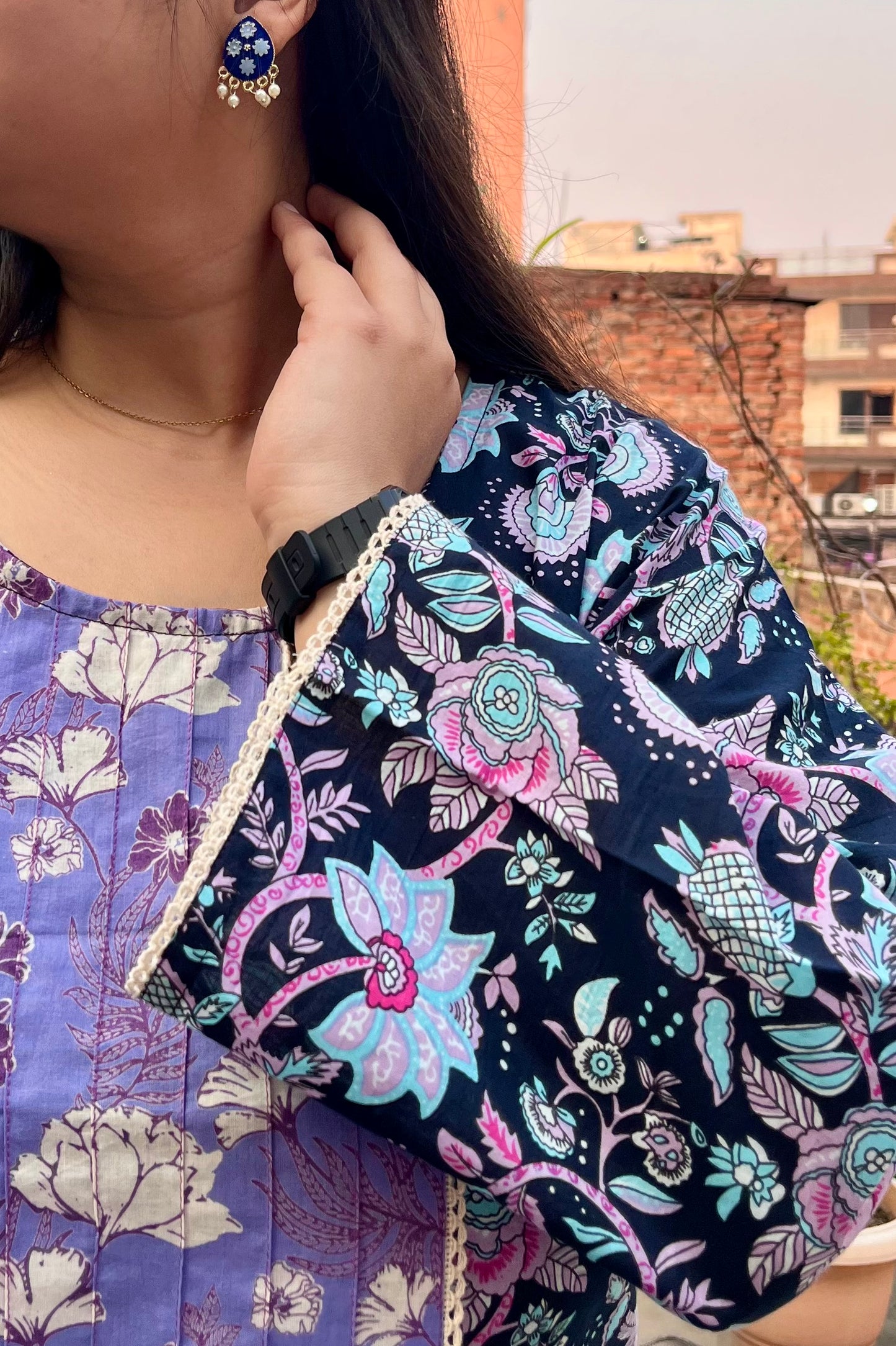 Black Floral Bell Sleeve Kurti