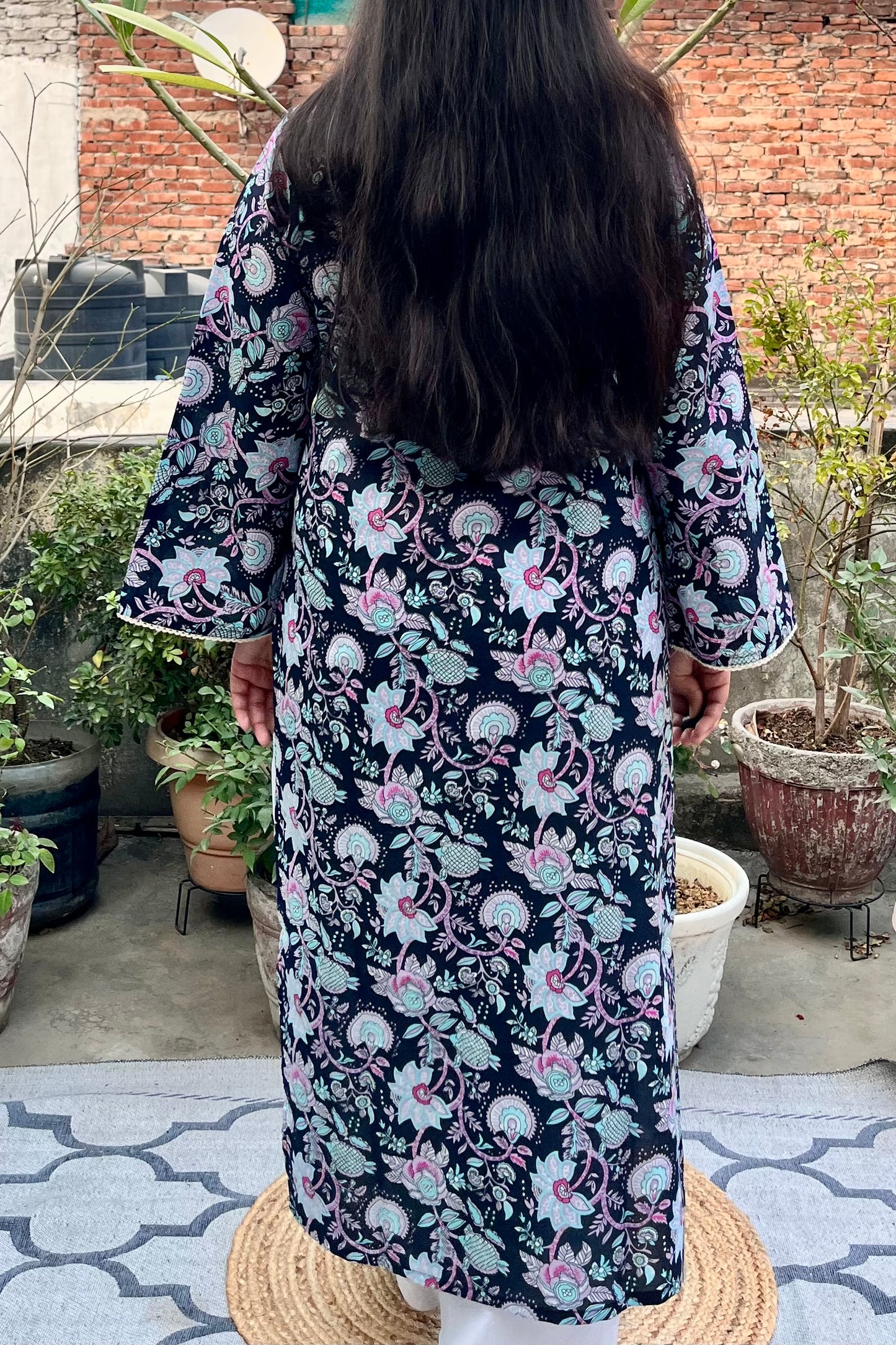 Black Floral Bell Sleeve Kurti