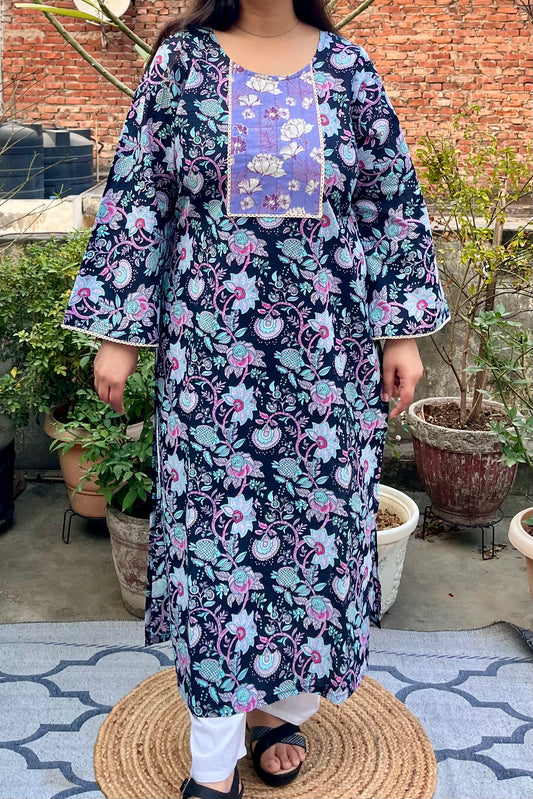 Black Floral Bell Sleeve Kurti