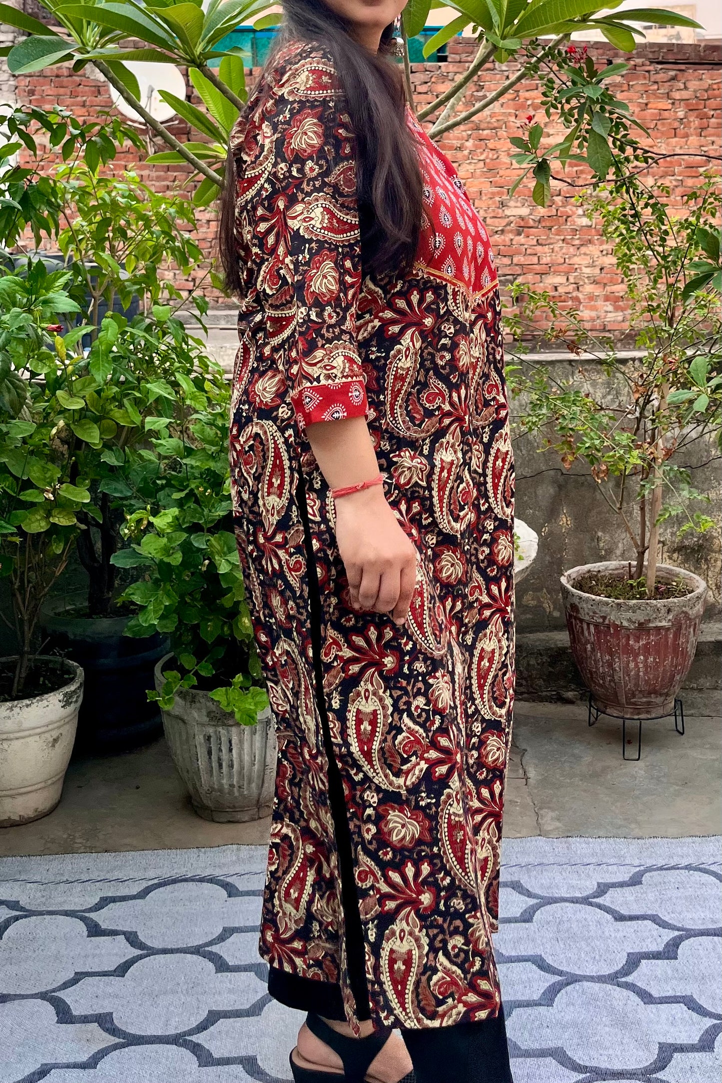 RANGREZ black and red pure cotton ajrak kurta