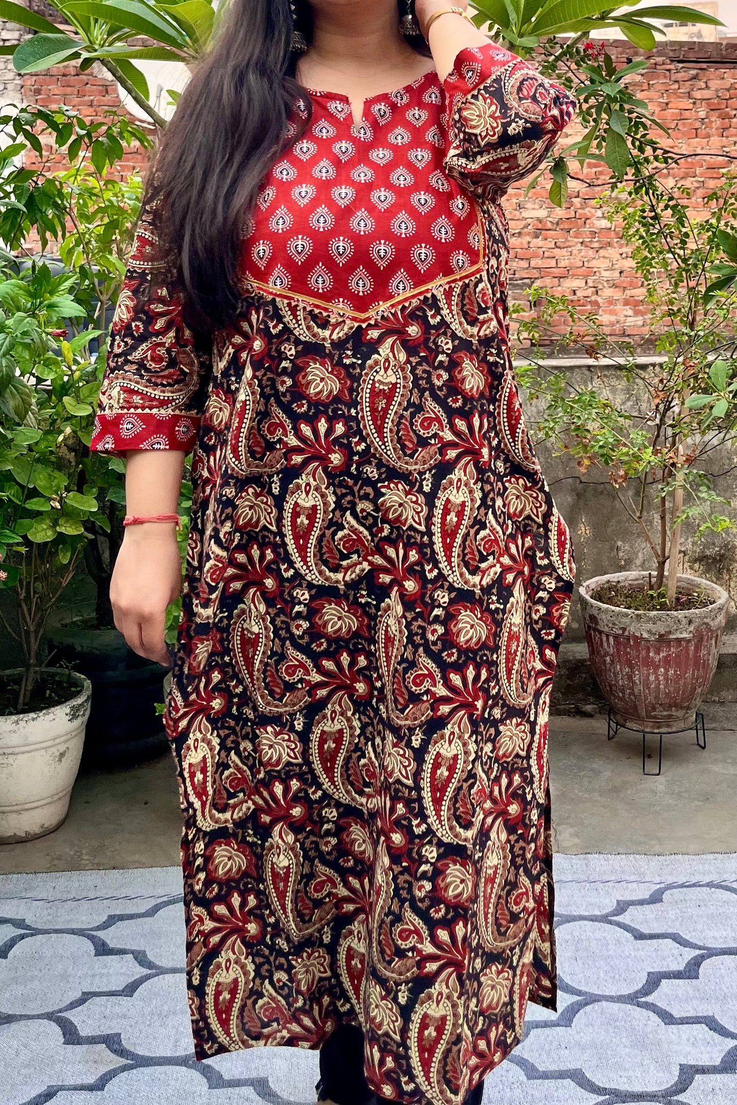 RANGREZ black and red pure cotton ajrak kurta